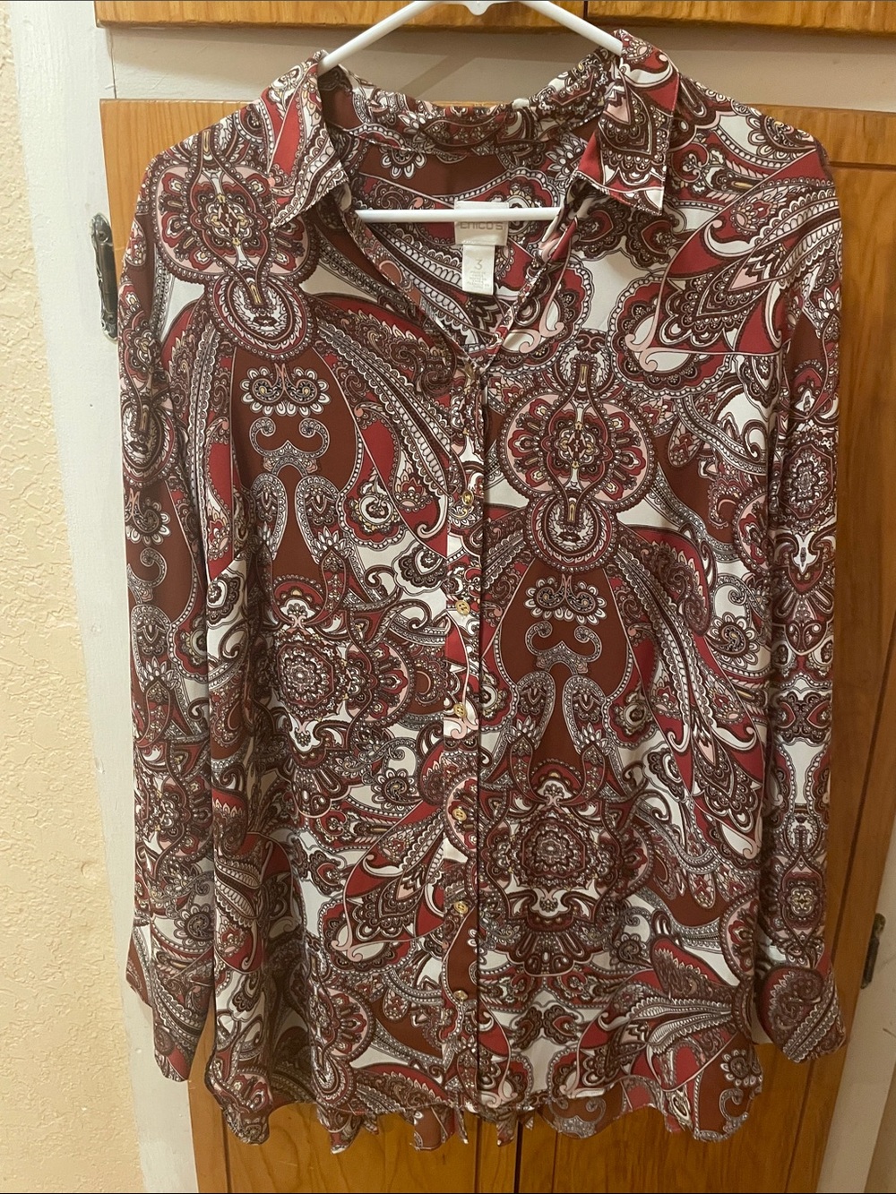 Chico's Maroon and White Paisley Button-Down Shirt